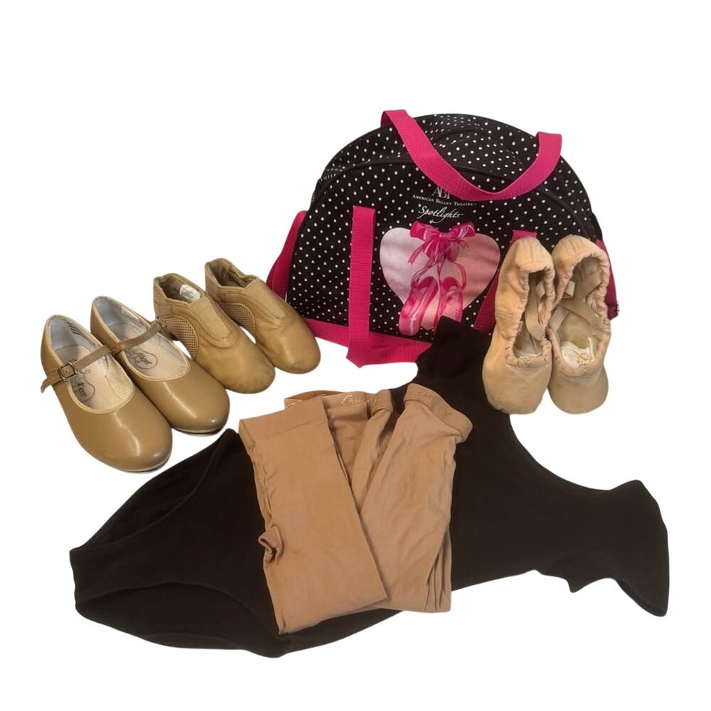 Kids Dance Lot -Tap + Ballet + Jazz/Acro Shoes, 1 Leotard, 3 Tights + ABT Bag